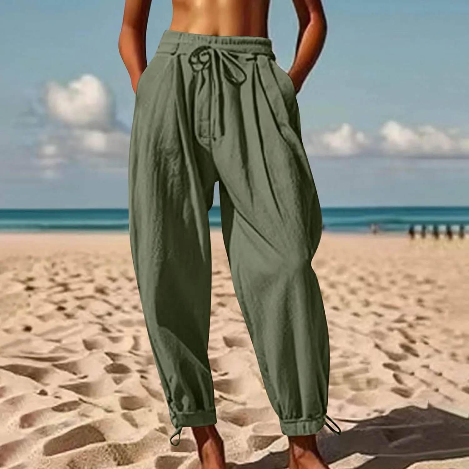 Womens Cinch Bottom Cotton Linen Pants Summer Casual Solid High Waist Drawstring Trousers Baggy Trouser with Pockets