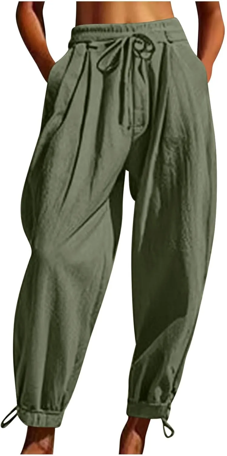 Womens Cinch Bottom Cotton Linen Pants Summer Casual Solid High Waist Drawstring Trousers Baggy Trouser with Pockets