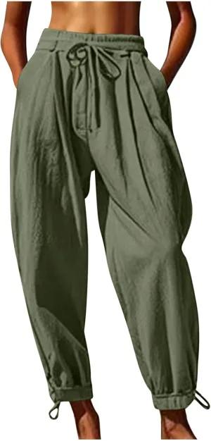Womens Cinch Bottom Cotton Linen Pants Summer Casual Solid High Waist Drawstring Trousers Baggy Trouser with Pockets
