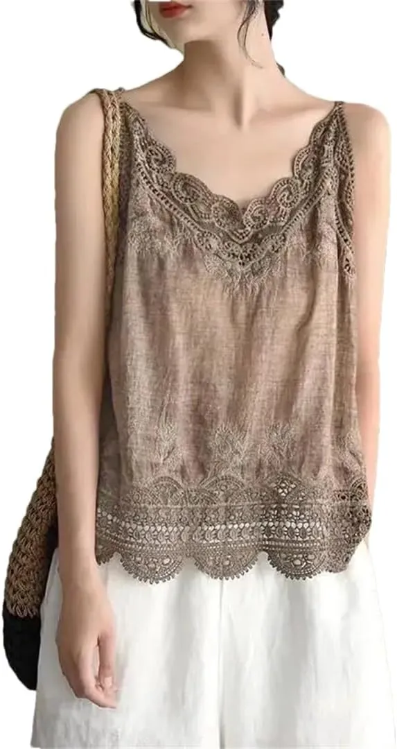 Women's Cotton and Linen Camisole lace Vest top Summer Casual Short Vest