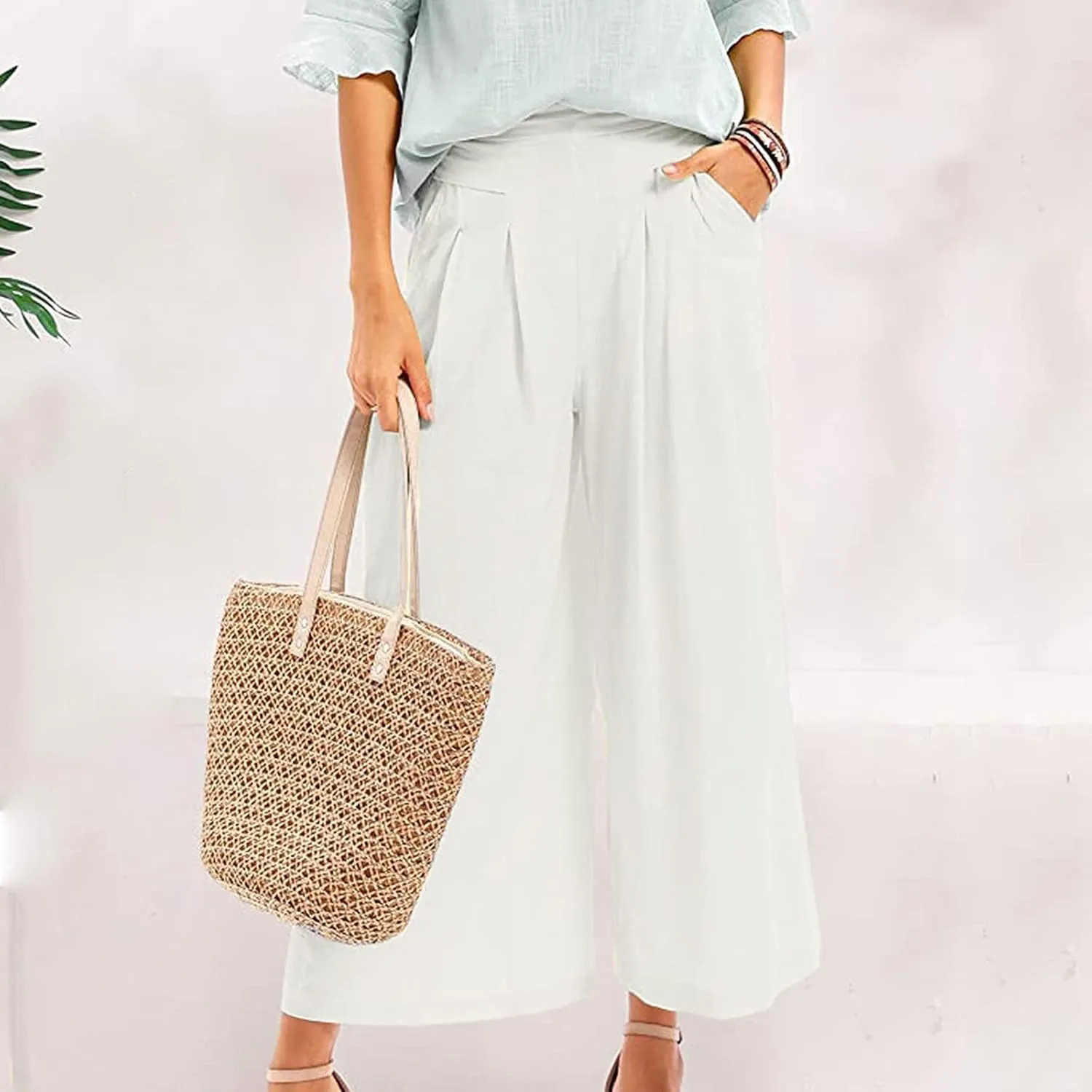 Women's Cotton Linen Casual Trousers High Waist Stretch Lightweight Joggers Summer Wide Leg Drape Cropped Pant with Pocket