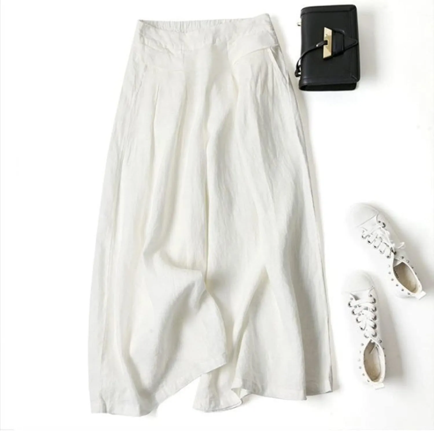 Women's Cotton Linen Casual Trousers High Waist Stretch Lightweight Joggers Summer Wide Leg Drape Cropped Pant with Pocket