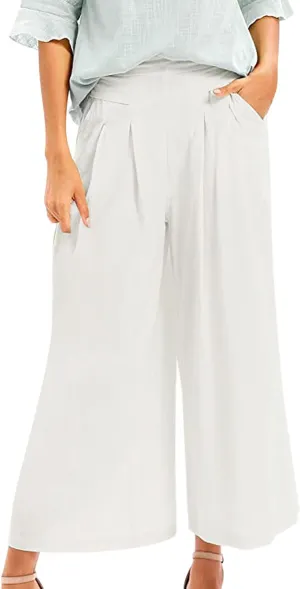 Women's Cotton Linen Casual Trousers High Waist Stretch Lightweight Joggers Summer Wide Leg Drape Cropped Pant with Pocket
