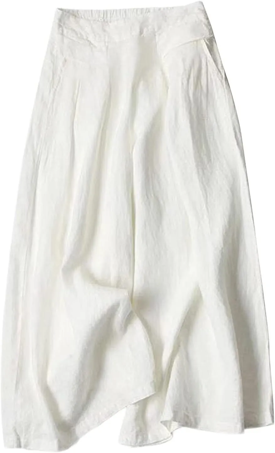 Women's Cotton Linen Casual Trousers High Waist Stretch Lightweight Joggers Summer Wide Leg Drape Cropped Pant with Pocket