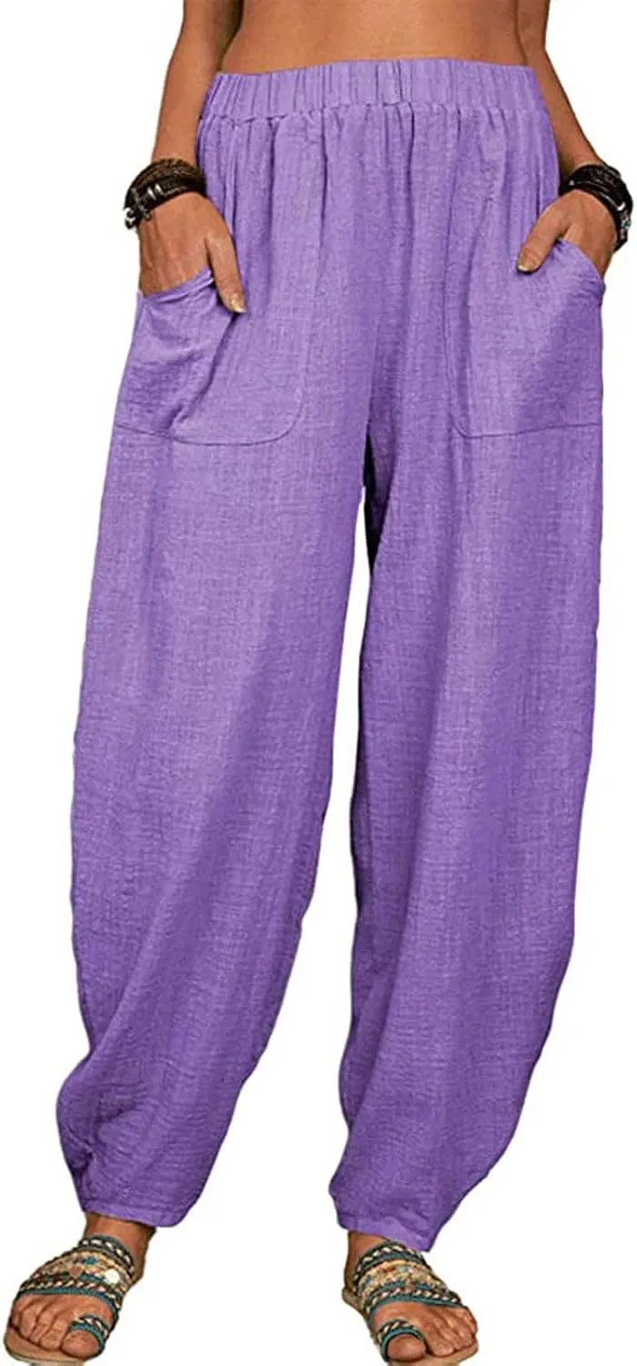 Women's Cotton Linen Harem Pants Casual Loose Fit High Waisted Pants Trousers Summer Outfits 2025 Trendy with Pockets