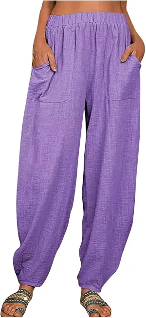 Women's Cotton Linen Harem Pants Casual Loose Fit High Waisted Pants Trousers Summer Outfits 2025 Trendy with Pockets