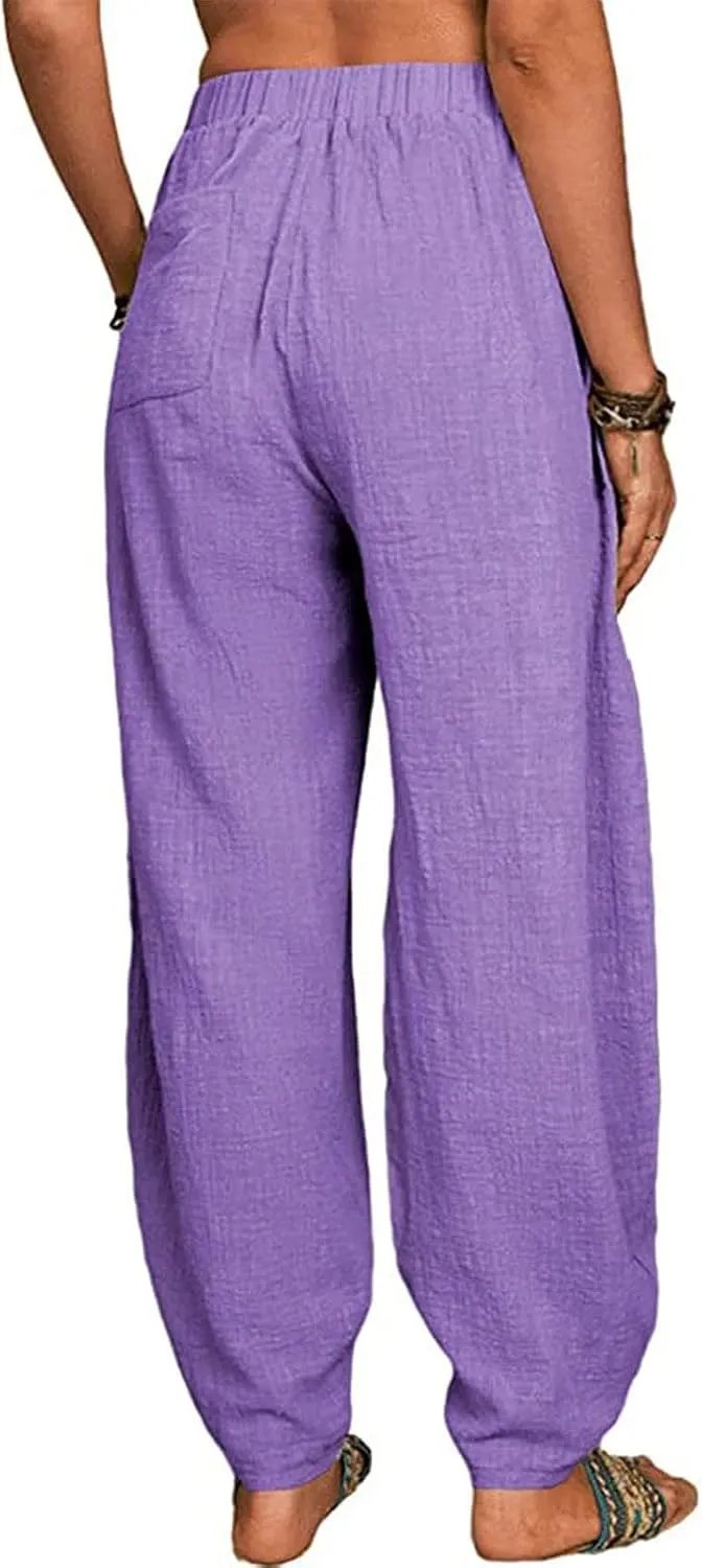 Women's Cotton Linen Harem Pants Casual Loose Fit High Waisted Pants Trousers Summer Outfits 2025 Trendy with Pockets
