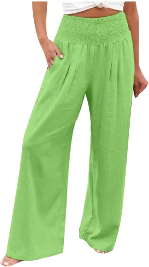 Women's Cotton Linen Palazzo Pants Loose Elastic Waist Trousers Solid Pleated Baggy Slacks Summer Vacation Outfits