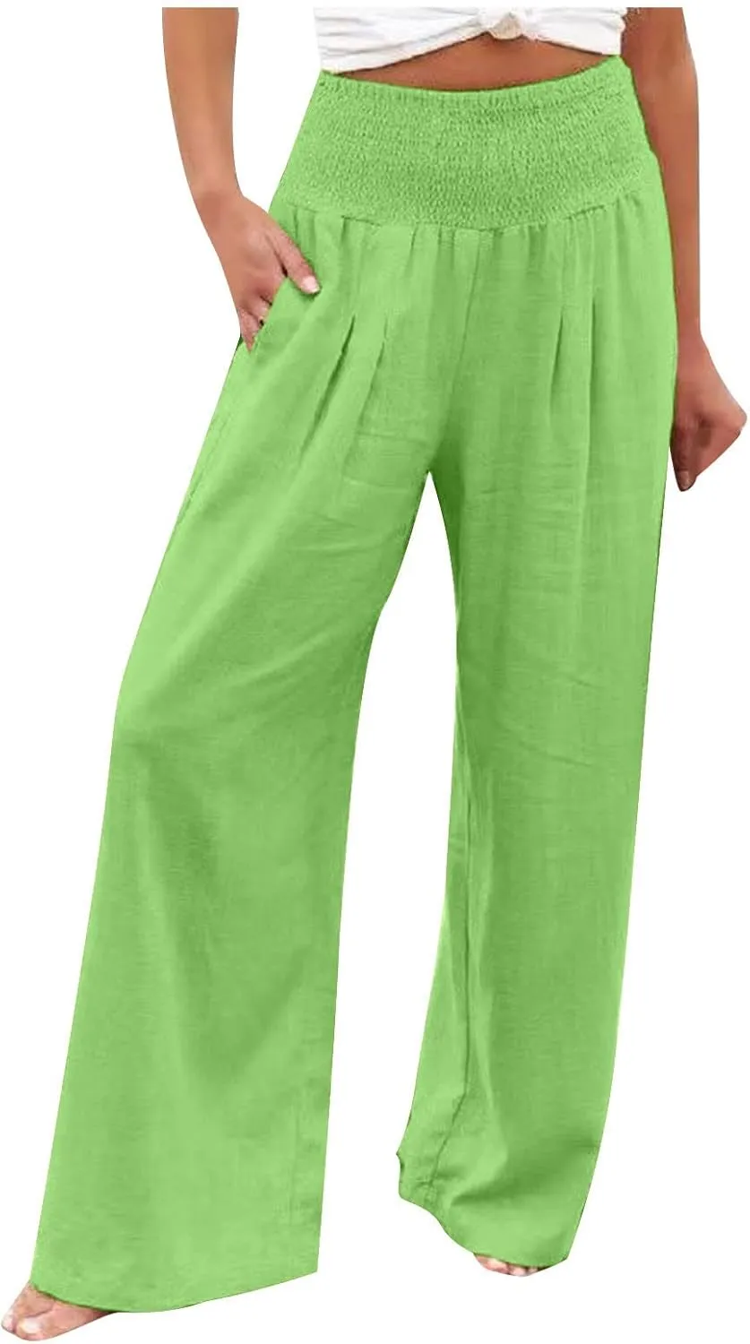Women's Cotton Linen Palazzo Pants Loose Elastic Waist Trousers Solid Pleated Baggy Slacks Summer Vacation Outfits