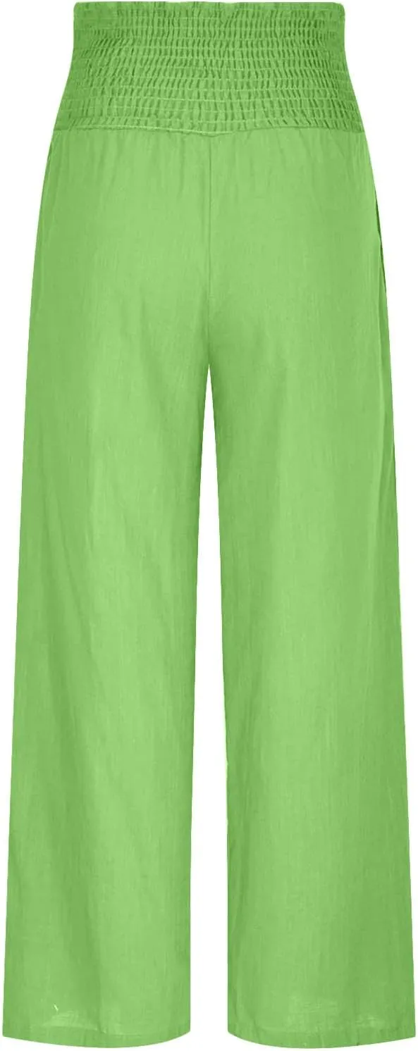 Women's Cotton Linen Palazzo Pants Loose Elastic Waist Trousers Solid Pleated Baggy Slacks Summer Vacation Outfits