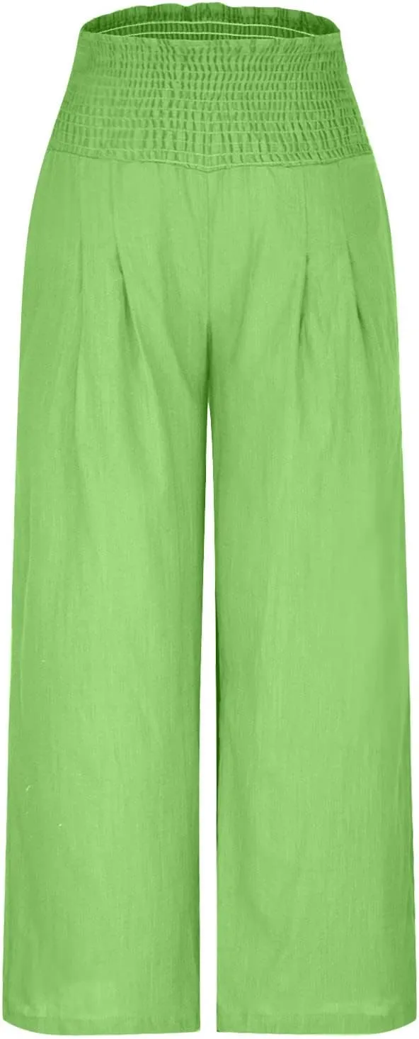 Women's Cotton Linen Palazzo Pants Loose Elastic Waist Trousers Solid Pleated Baggy Slacks Summer Vacation Outfits