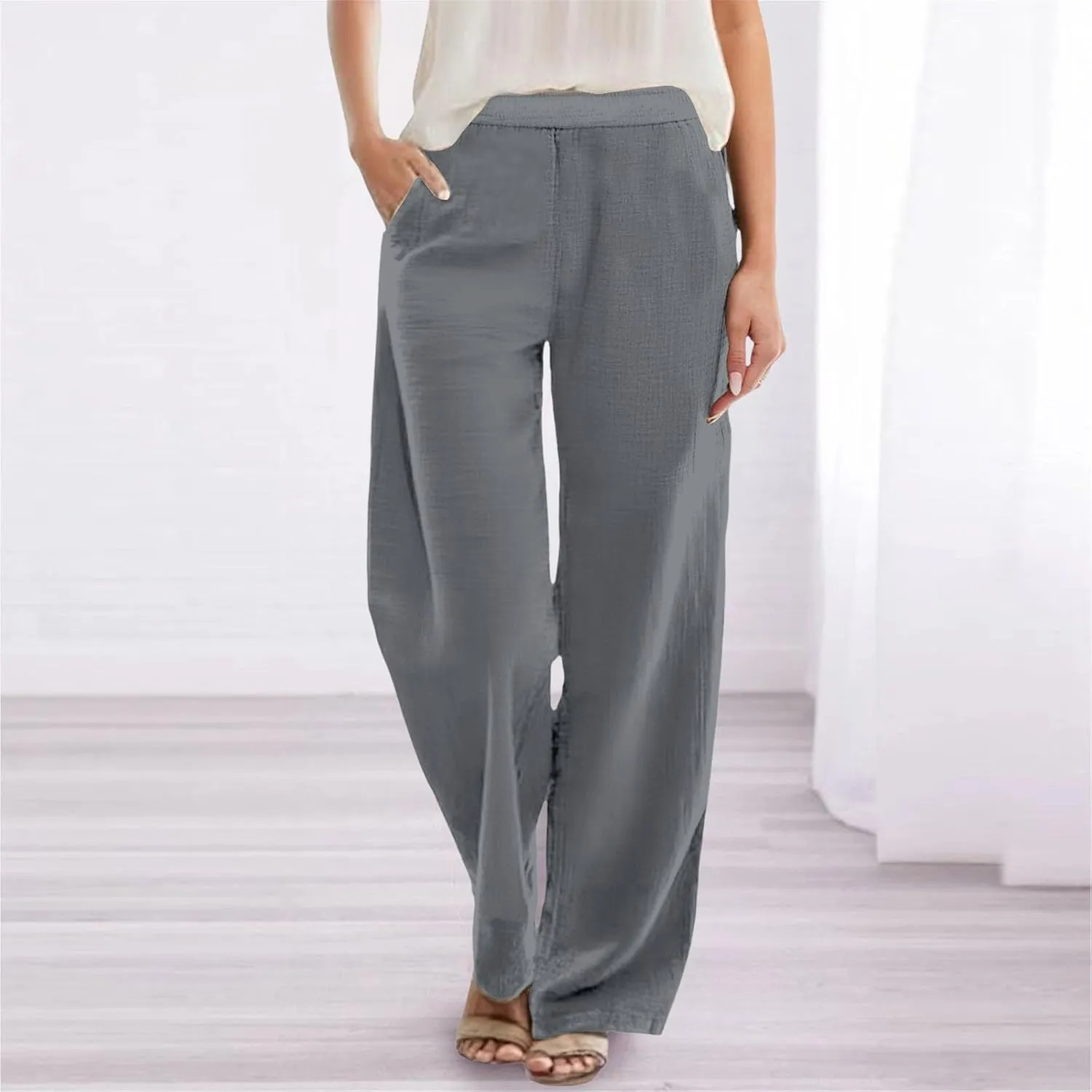 Womens Cotton Linen Palazzo Pants Petite Elastic Waist Straight Wide Leg Lounge Beach Trousers Summer Outfits Trendy