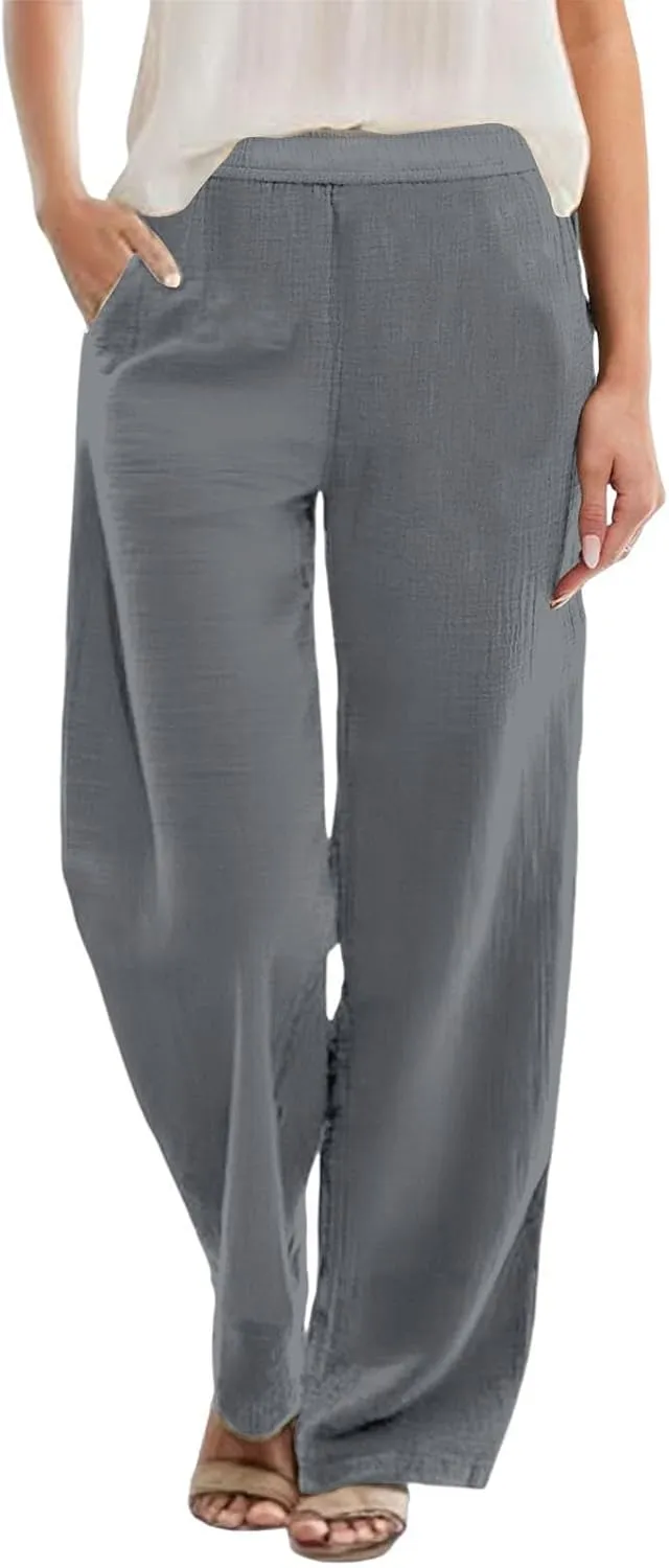 Womens Cotton Linen Palazzo Pants Petite Elastic Waist Straight Wide Leg Lounge Beach Trousers Summer Outfits Trendy