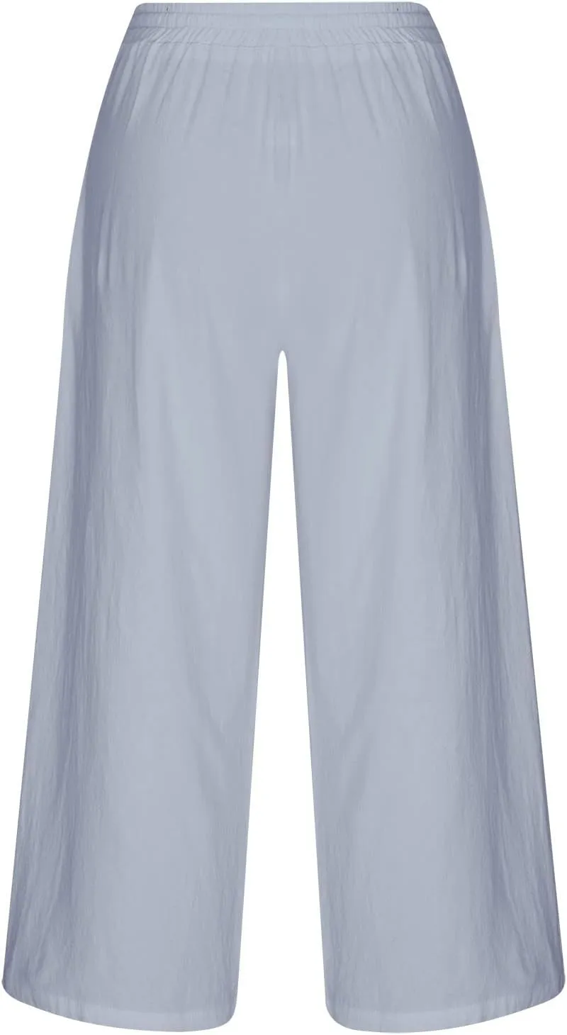 Womens Cotton Linen Pants Casual Drawstring Elastic Waist Pants Fashion Solid Lounge Long Trousers with Pockets