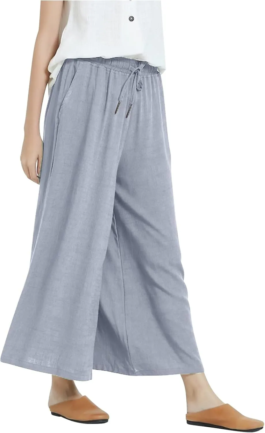 Womens Cotton Linen Pants Casual Drawstring Elastic Waist Pants Fashion Solid Lounge Long Trousers with Pockets