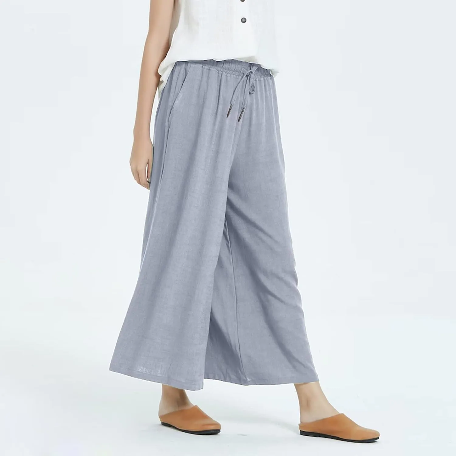 Womens Cotton Linen Pants Casual Drawstring Elastic Waist Pants Fashion Solid Lounge Long Trousers with Pockets