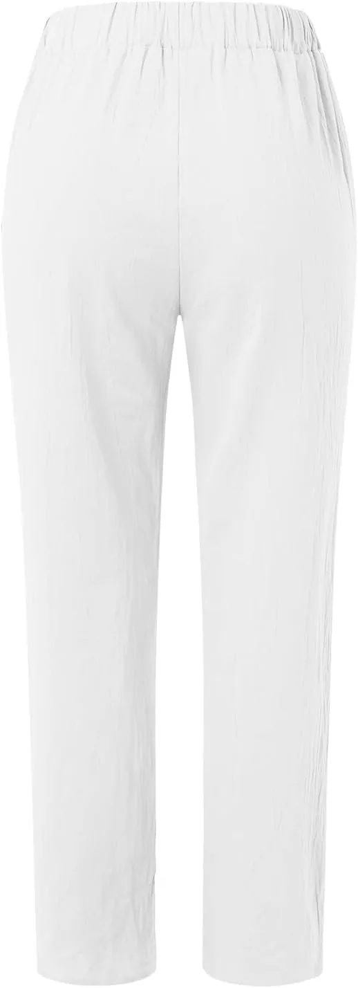 Women's Cotton Linen Pants Plus Size Elastic High Waist Comfy Straight Trouser Summer Casual Loose Pant with Pockets