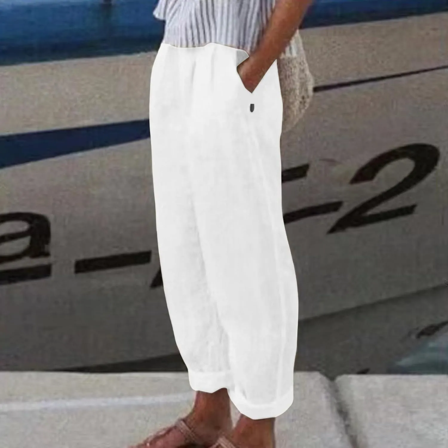 Women's Cotton Linen Pants Plus Size Elastic High Waist Comfy Straight Trouser Summer Casual Loose Pant with Pockets