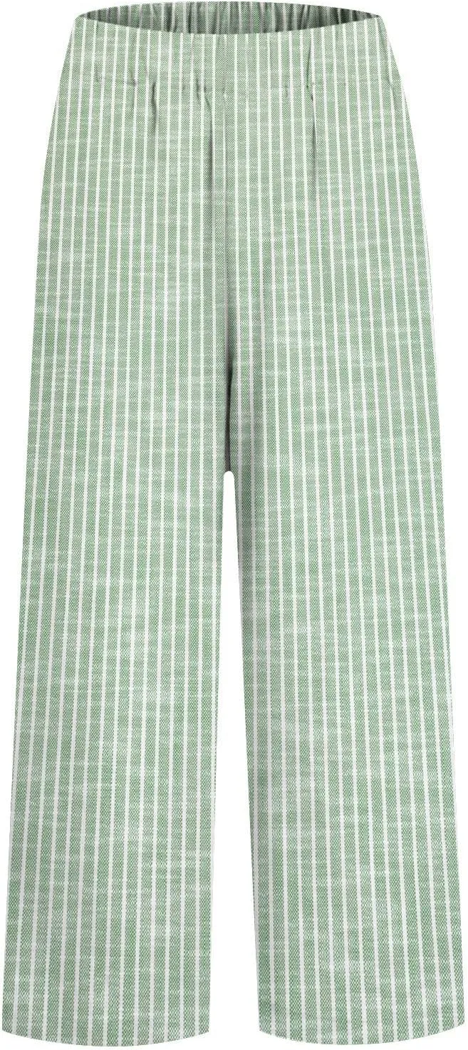 Women's Cotton Linen Pants Straight Elastic Pants Loose Elastic High Waisted Wide Leg Beach Trousers with Pockets