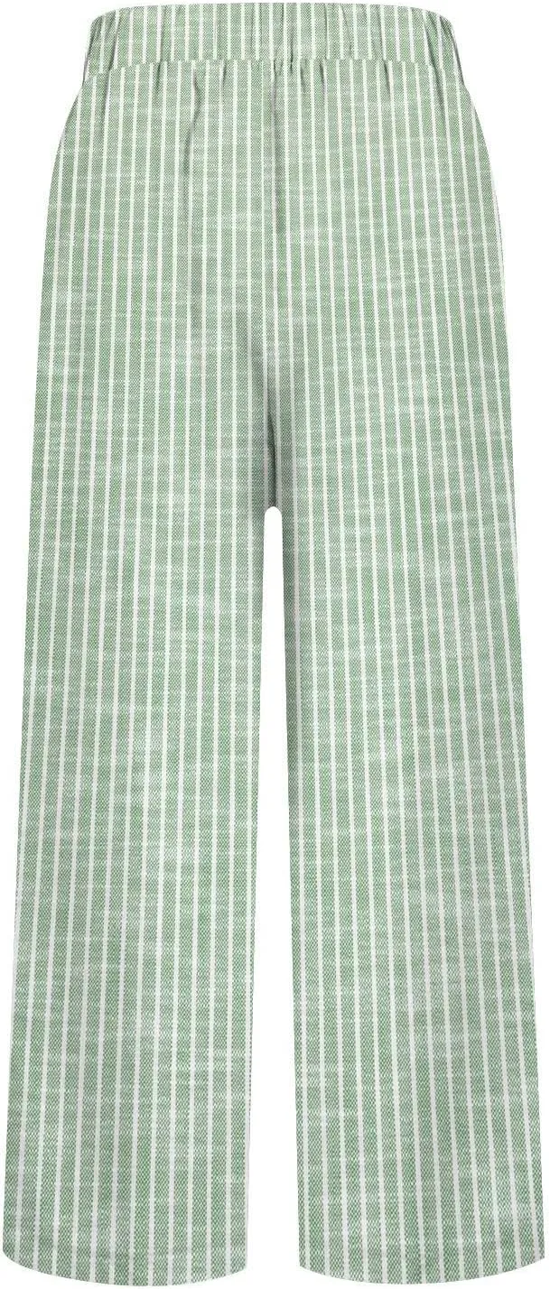 Women's Cotton Linen Pants Straight Elastic Pants Loose Elastic High Waisted Wide Leg Beach Trousers with Pockets