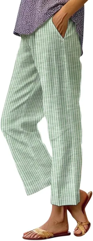 Women's Cotton Linen Pants Straight Elastic Pants Loose Elastic High Waisted Wide Leg Beach Trousers with Pockets