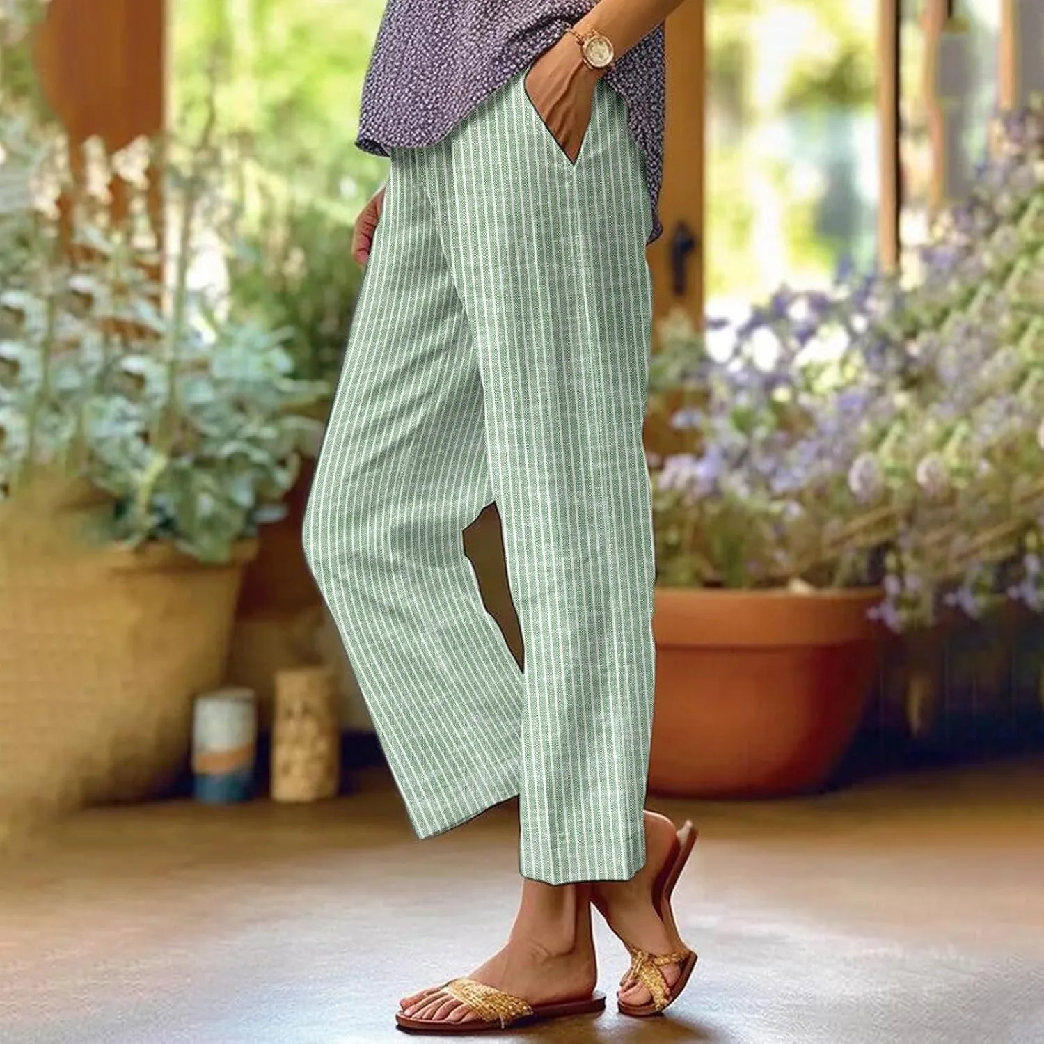 Women's Cotton Linen Pants Straight Elastic Pants Loose Elastic High Waisted Wide Leg Beach Trousers with Pockets
