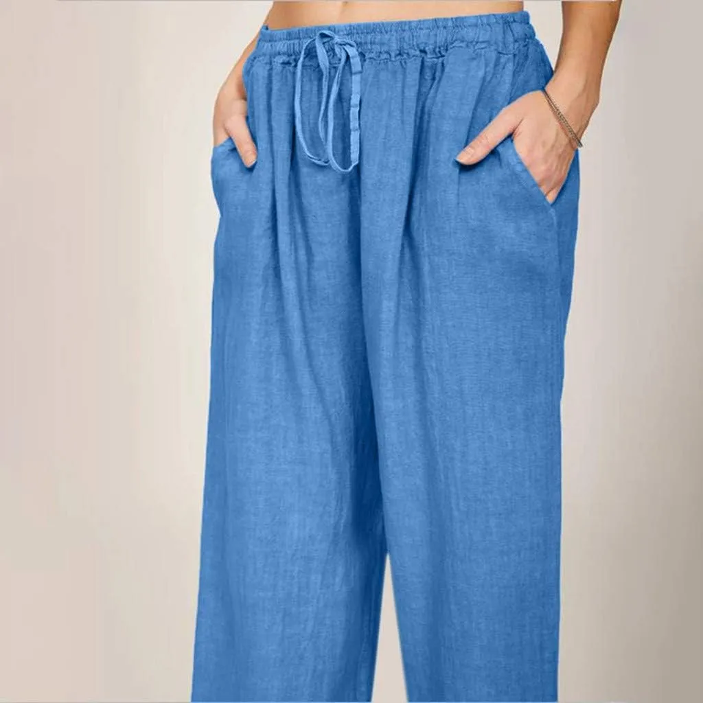 Womens Cotton Linen Pants Summer Casual Palazzo Pants Drawstring High Waist Harem Slacks Long Trousers with Pockets