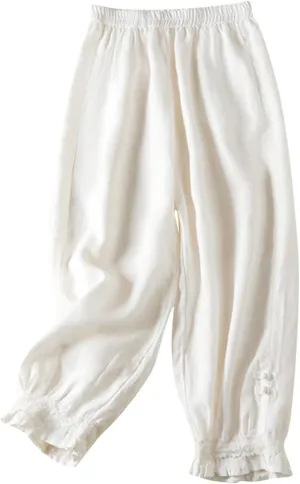 Womens Cotton Linen Pants Vintage Embroidery Elastic Waist Solid Color Casual Pants Ruffle Cropped Trousers Pockets