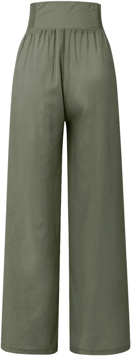 Womens Cotton Linen Summer Flowy Pants High Waist Wide Leg Slim Fit Palazzo Pants Travel