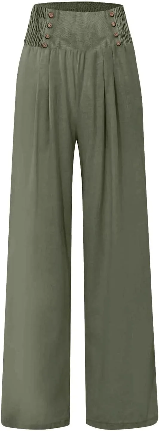 Womens Cotton Linen Summer Flowy Pants High Waist Wide Leg Slim Fit Palazzo Pants Travel