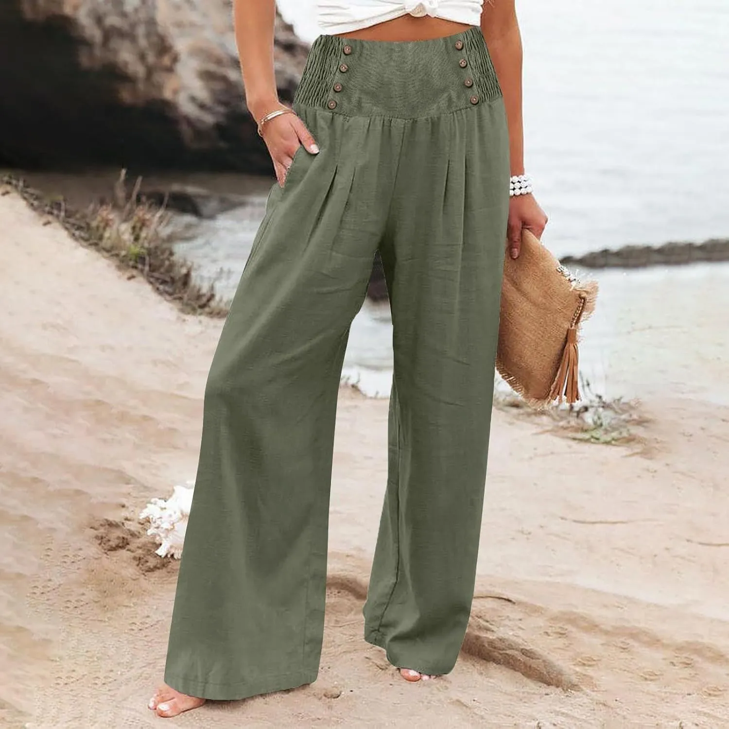 Womens Cotton Linen Summer Flowy Pants High Waist Wide Leg Slim Fit Palazzo Pants Travel