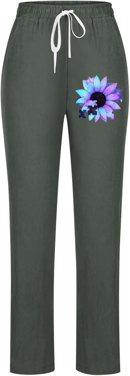 Women's Cotton Linen Summer Pants Floral Print Straight Leg Beach Trousers with Pockets Drawstring Waist Trousers