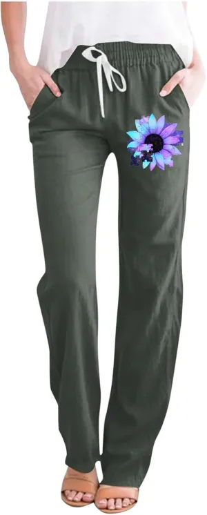 Women's Cotton Linen Summer Pants Floral Print Straight Leg Beach Trousers with Pockets Drawstring Waist Trousers