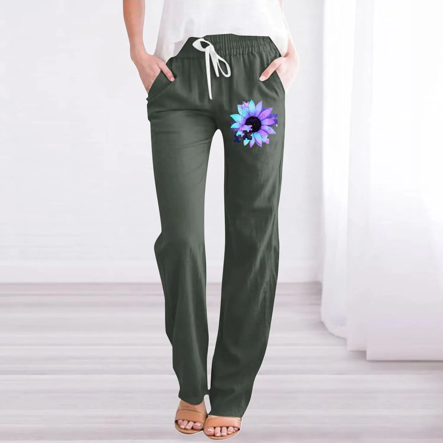 Women's Cotton Linen Summer Pants Floral Print Straight Leg Beach Trousers with Pockets Drawstring Waist Trousers