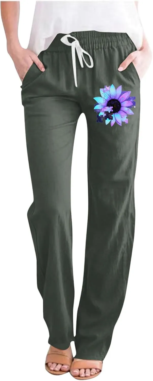 Women's Cotton Linen Summer Pants Floral Print Straight Leg Beach Trousers with Pockets Drawstring Waist Trousers