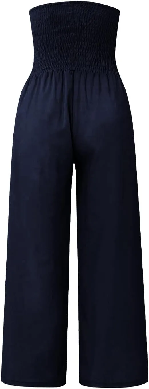 Women's Cotton Linen Summer Print Palazzo Pants Elastic Waisted Straight Plus Size Pant Trousers Vacation