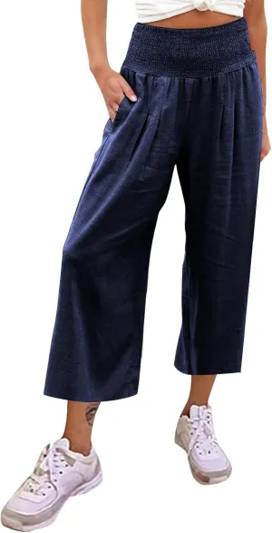 Women's Cotton Linen Summer Print Palazzo Pants Elastic Waisted Straight Plus Size Pant Trousers Vacation