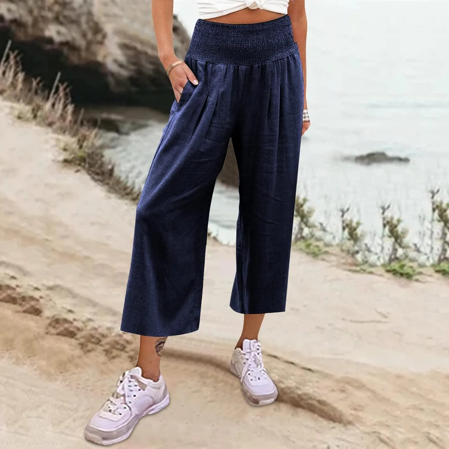 Women's Cotton Linen Summer Print Palazzo Pants Elastic Waisted Straight Plus Size Pant Trousers Vacation