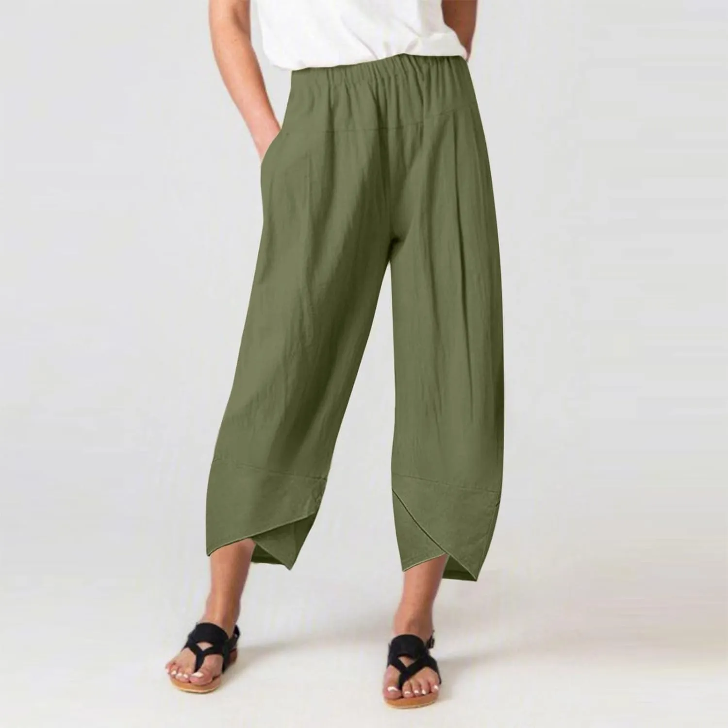 Women's Cotton Linen Summer Y2K Streetwear Palazzo Pants Elastic Waisted Bootcut Loose Fit Trouser Work Business