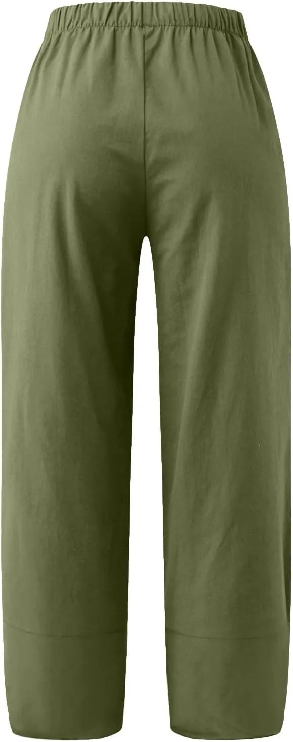 Women's Cotton Linen Summer Y2K Streetwear Palazzo Pants Elastic Waisted Bootcut Loose Fit Trouser Work Business