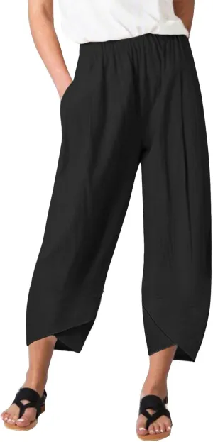 Women's Cotton Linen Summer Y2K Streetwear Palazzo Pants Elastic Waisted Bootcut Loose Fit Trouser Work Business