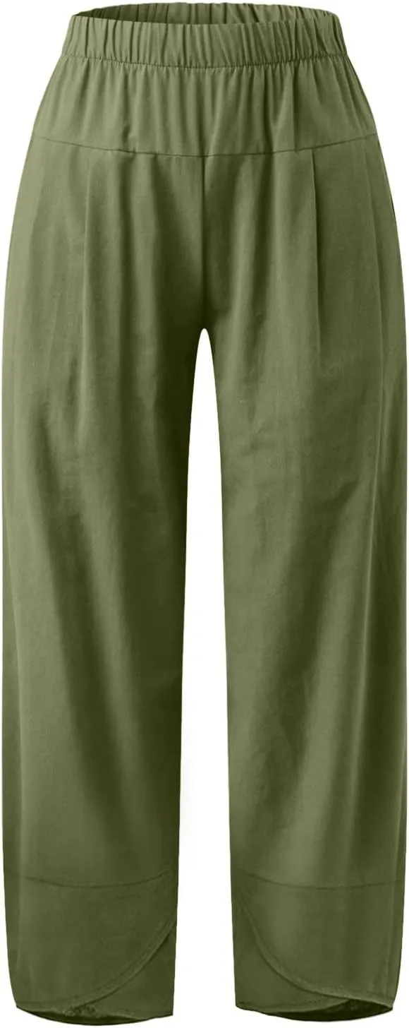 Women's Cotton Linen Summer Y2K Streetwear Palazzo Pants Elastic Waisted Bootcut Loose Fit Trouser Work Business