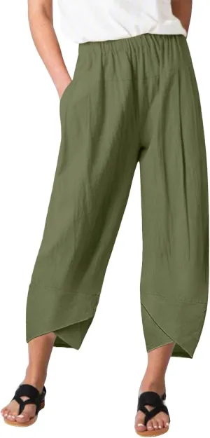 Women's Cotton Linen Summer Y2K Streetwear Palazzo Pants Elastic Waisted Bootcut Loose Fit Trouser Work Business
