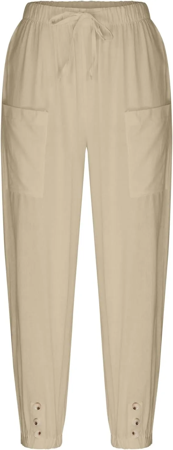 Women's Cotton Pants Trendy Drawstring Bottom Button Jogger Pant Summer Beach Gaucho Trousers Casual Comfy Outfits