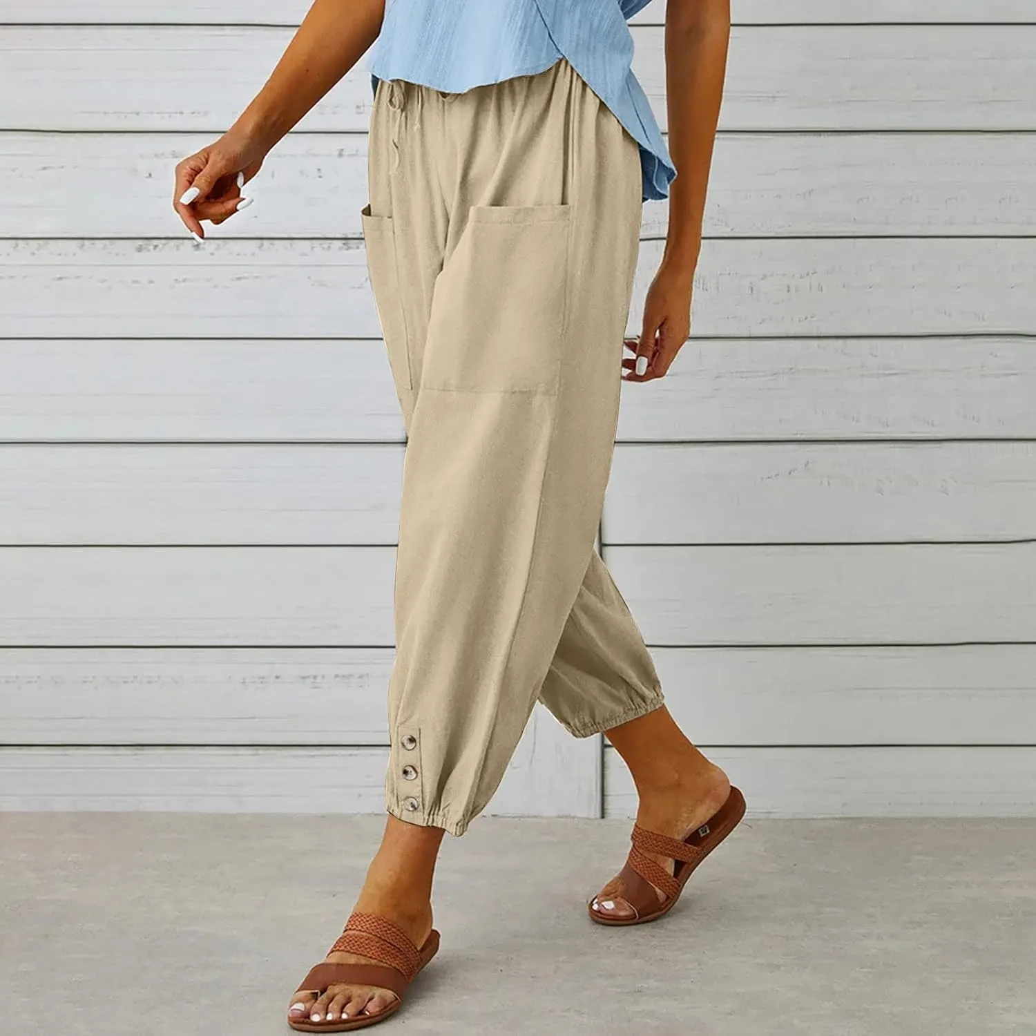 Women's Cotton Pants Trendy Drawstring Bottom Button Jogger Pant Summer Beach Gaucho Trousers Casual Comfy Outfits