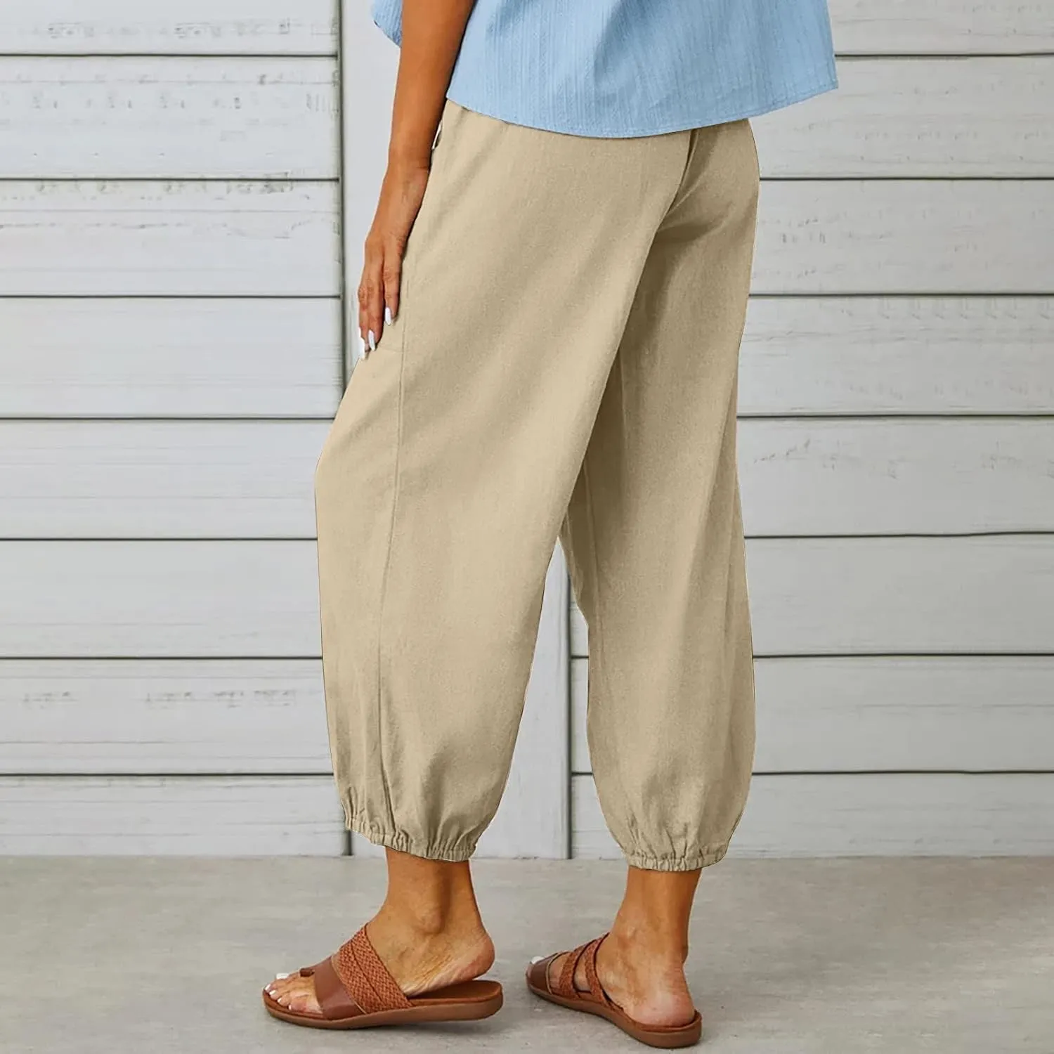 Women's Cotton Pants Trendy Drawstring Bottom Button Jogger Pant Summer Beach Gaucho Trousers Casual Comfy Outfits