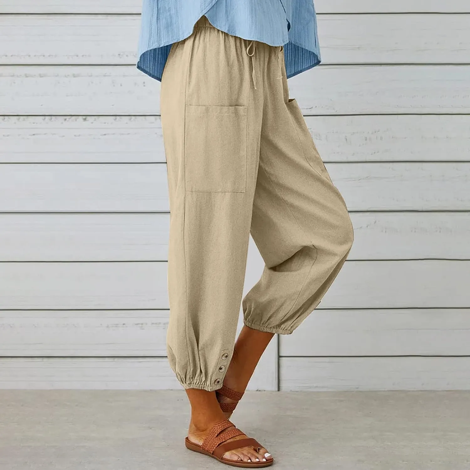 Women's Cotton Pants Trendy Drawstring Bottom Button Jogger Pant Summer Beach Gaucho Trousers Casual Comfy Outfits