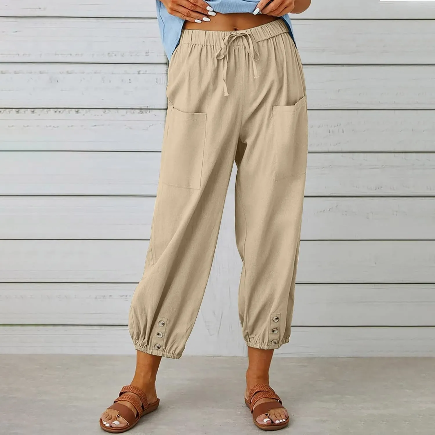 Women's Cotton Pants Trendy Drawstring Bottom Button Jogger Pant Summer Beach Gaucho Trousers Casual Comfy Outfits