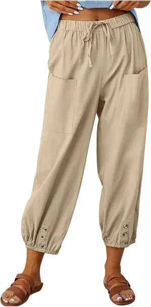 Women's Cotton Pants Trendy Drawstring Bottom Button Jogger Pant Summer Beach Gaucho Trousers Casual Comfy Outfits