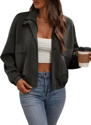 Women's Cropped Oversized Safari Jackets Zip Up Stand Collar Neck Long Sleeve Utility Anorak jacket with Pocket